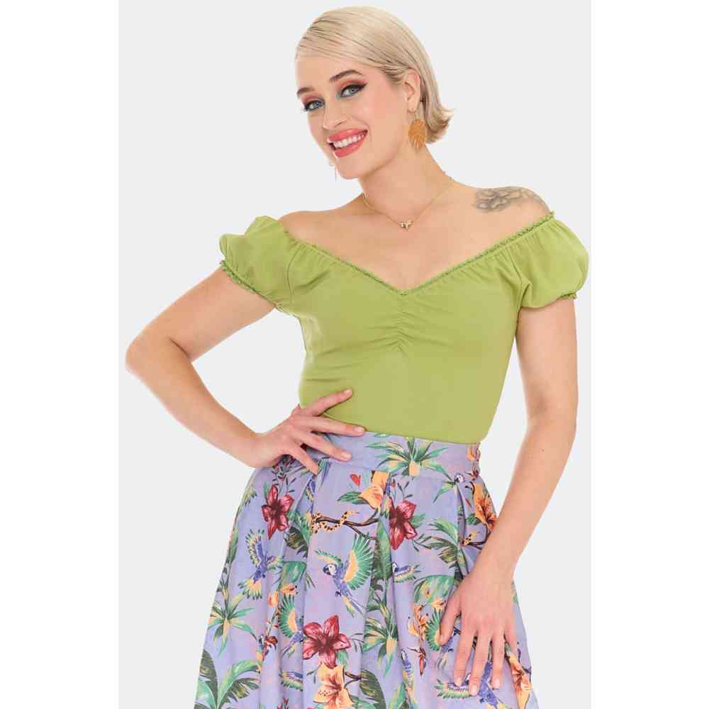 Voodoo Vixen - Green Milkmaid Off Shoulder Jersey Top - Grün